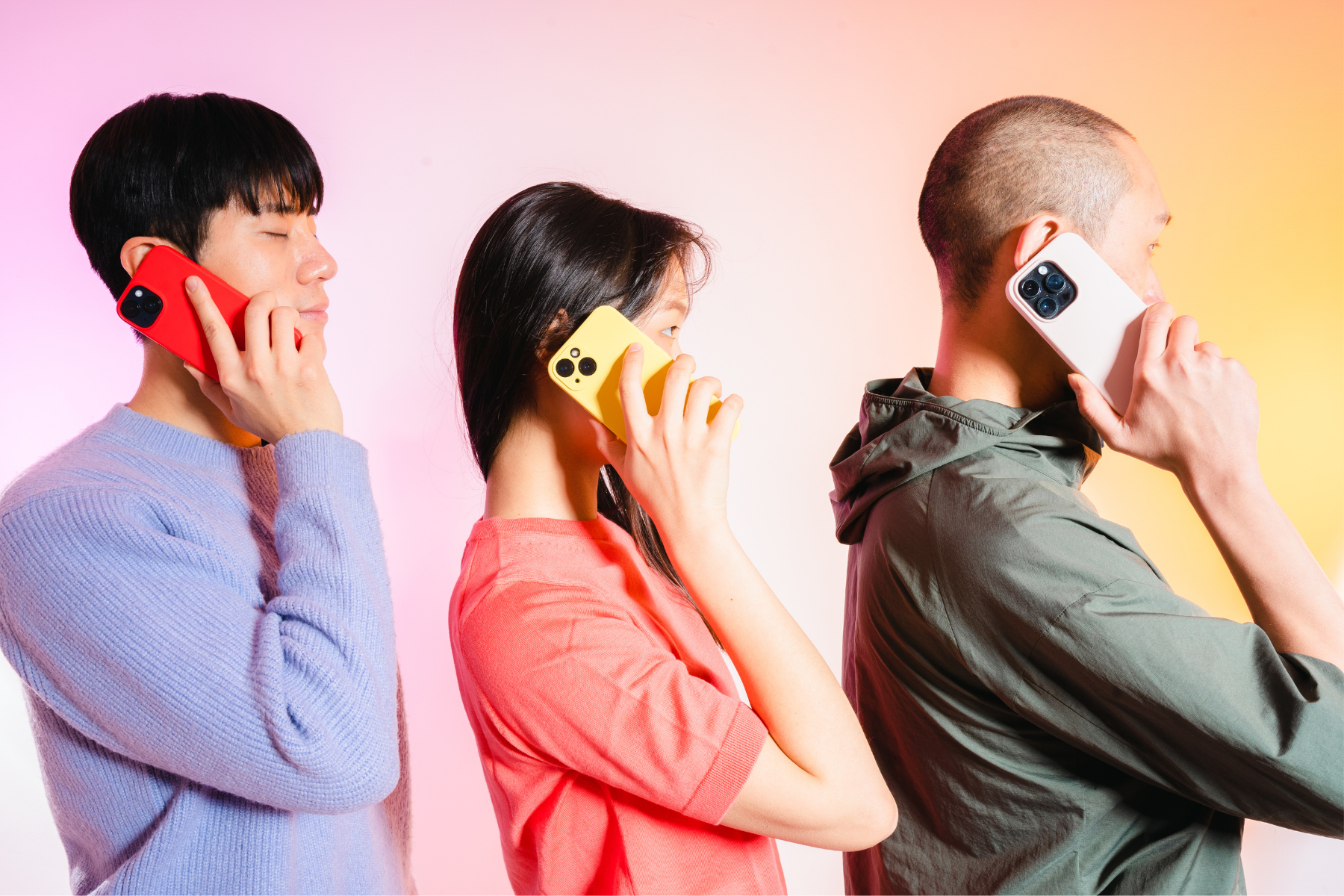 people on the phone in a line