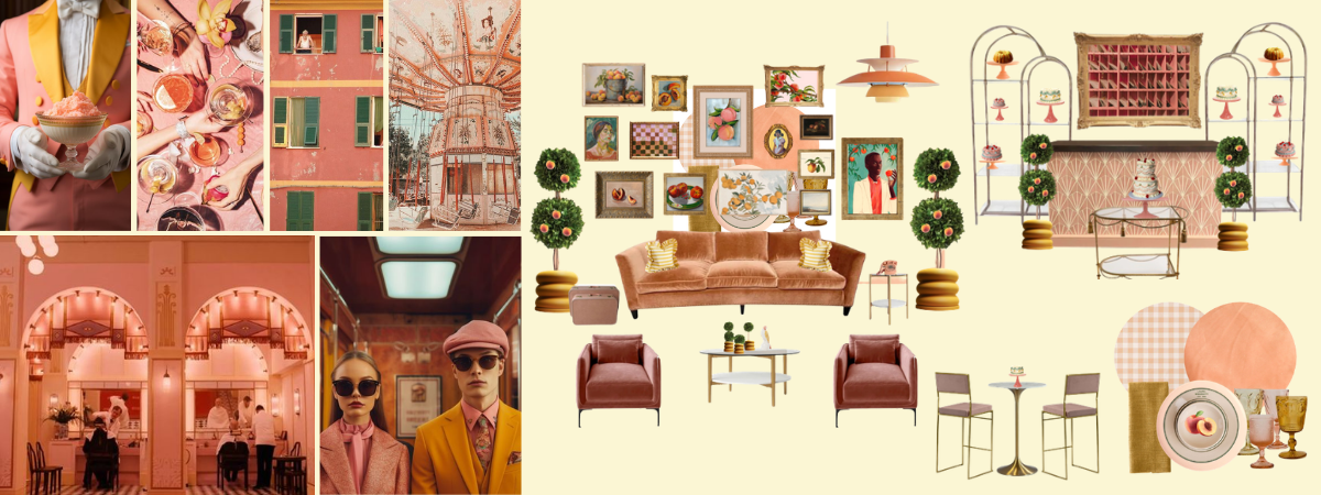 peach fuzz colored couch portraits and clothing