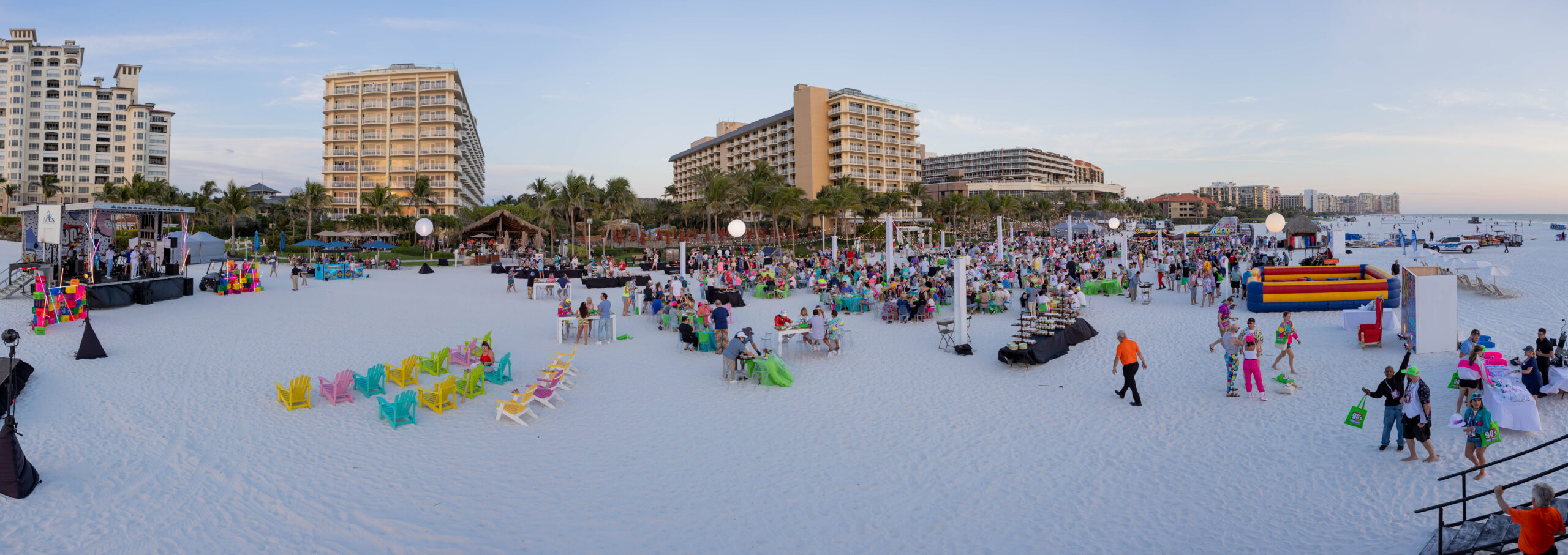 90’s Theme Event on the Beach with Colorful Linens, Centerpieces, Interactive Entertainment and Neon Elements JW Marriott Marco Island Beach